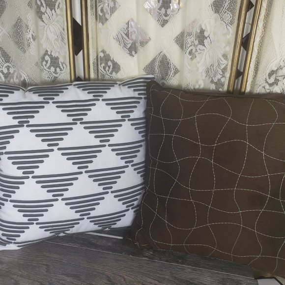Two Throw Pillows-Chocolate Brown and White/Grey - Picture 4 of 5